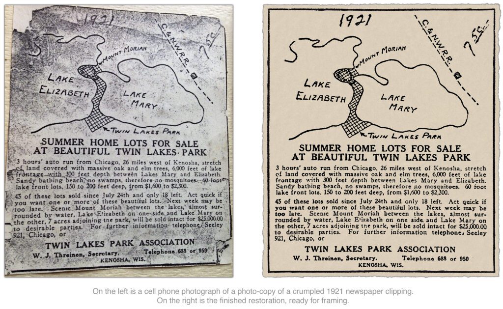 A Photograph of a Crumpled Newspaper Clipping with a Restored Version