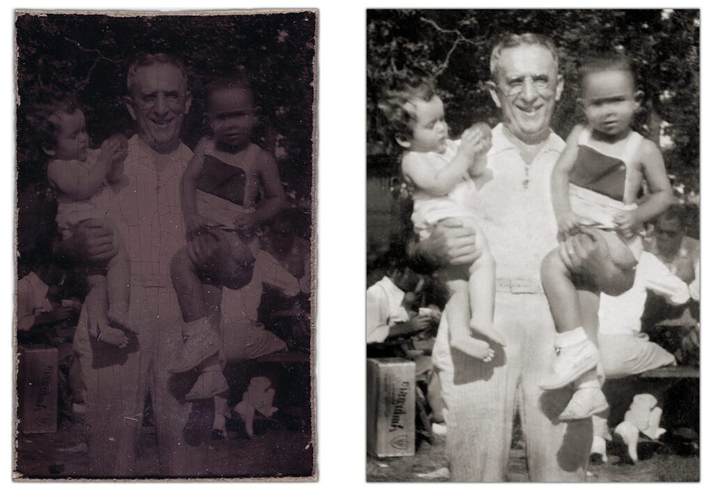A Restored Image of A Man Holding Two Kids