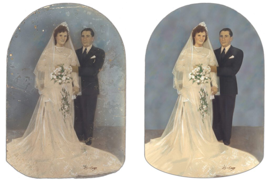 An Old Faded Photograph of a Married Couple with a Restored Version