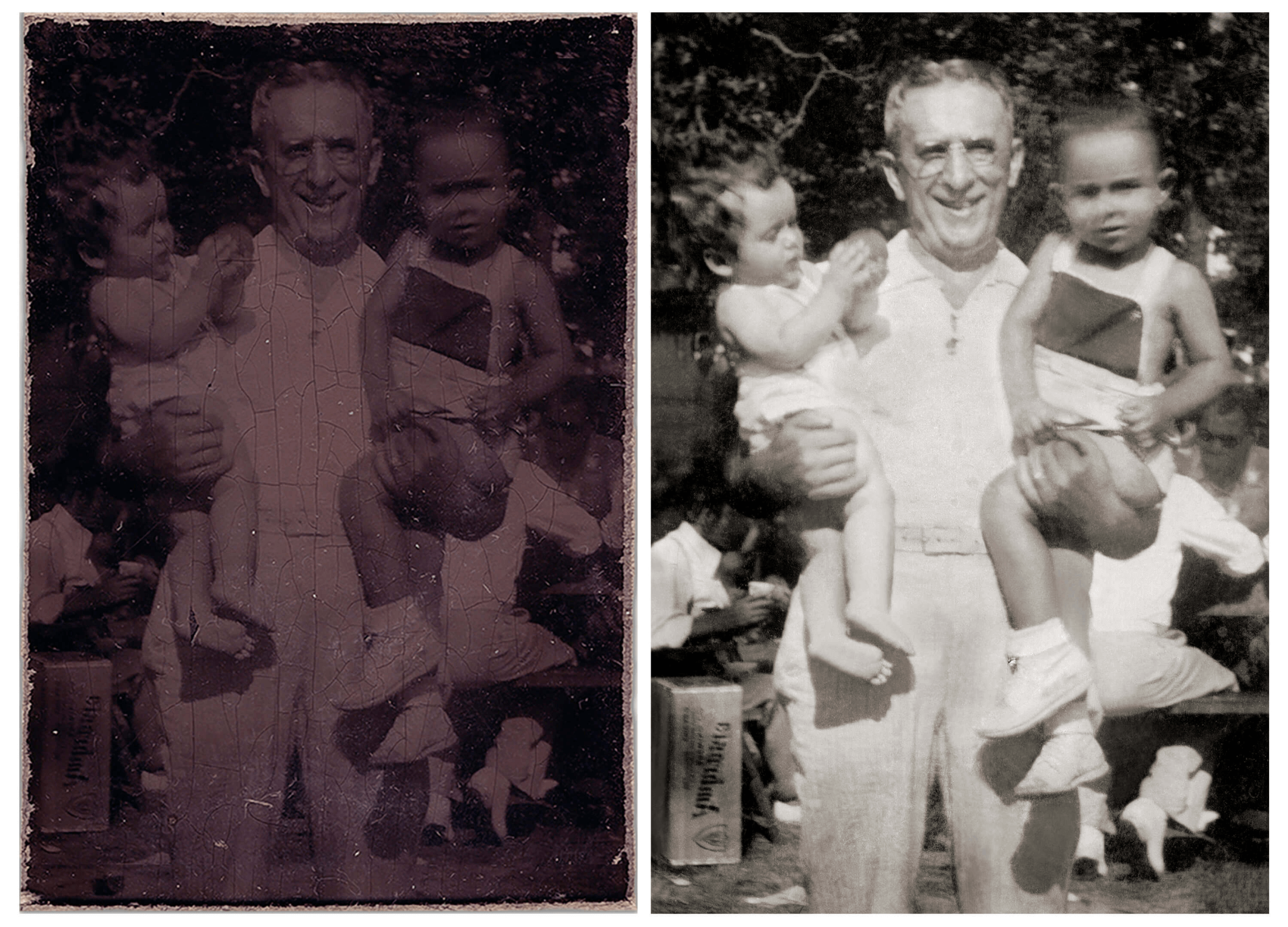 A Collage of Restored Image of A Man Holding Two Kids